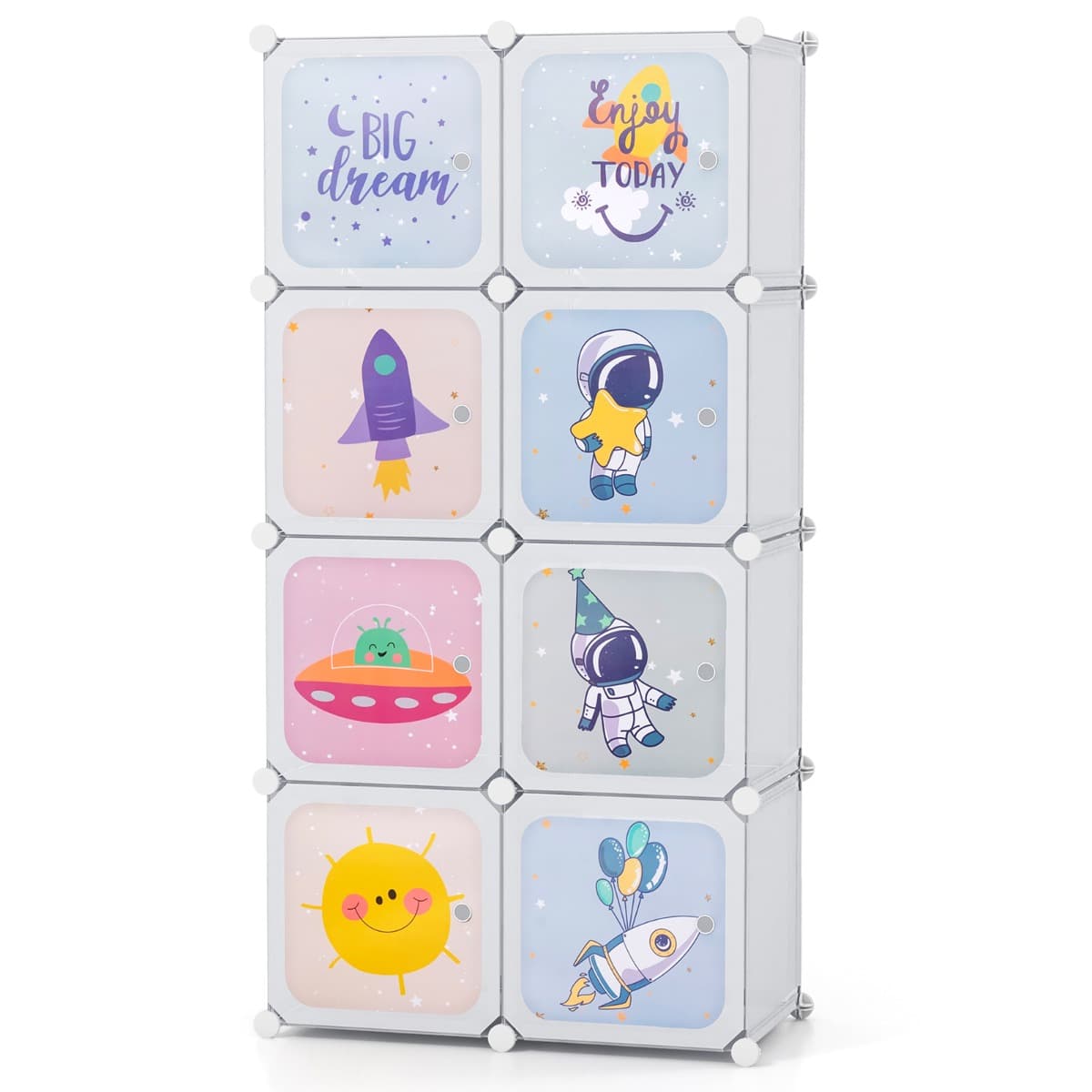 CostwayArmoire Portable pour Enfants à 8 Cubes avec Portes & Section Penderie Étagère Modulaire en Cube de Dessin Animé Meuble à Tiroirs Blanc