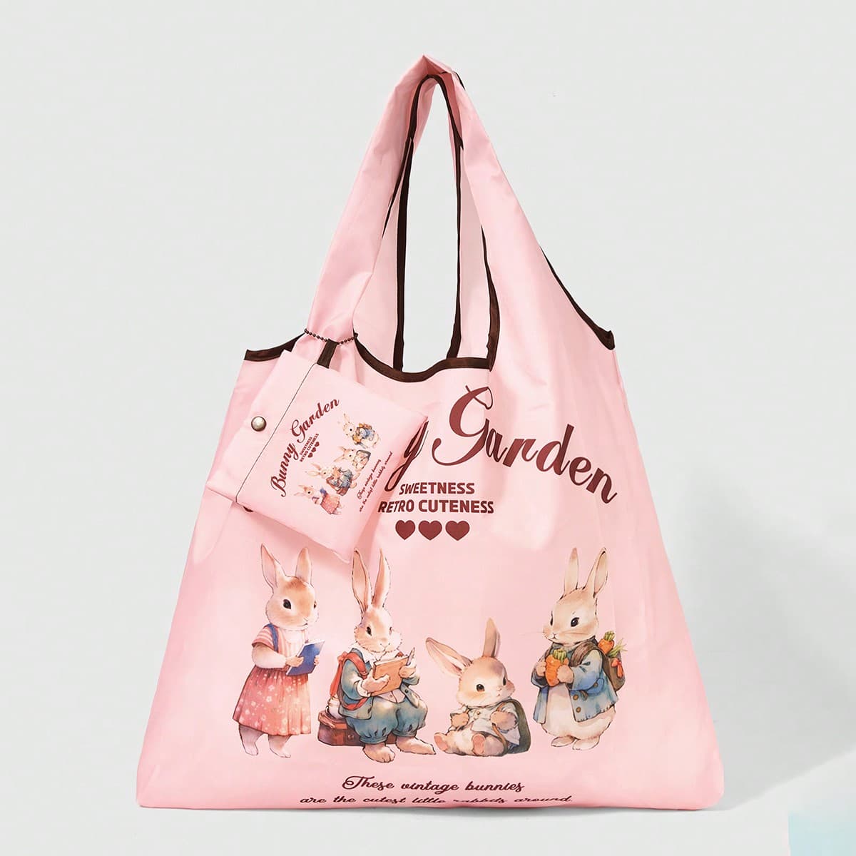 Ensemble De 2pcs Sac De Magasinage Pliable Avec Motif De Lapin Cartoon Et Porte-monnaie Avec Grande Capacité Et Poignées Portables 492037