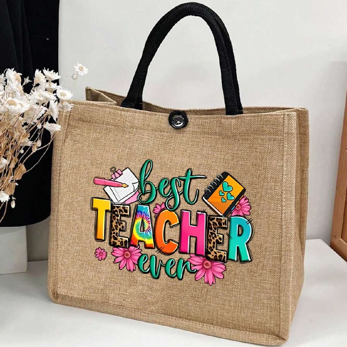Sac de rangement tendance à motif de lettres mignonnes, sac de rangement pour Noël, sac fourre-tout en lin, sac de magasinage à main, sac