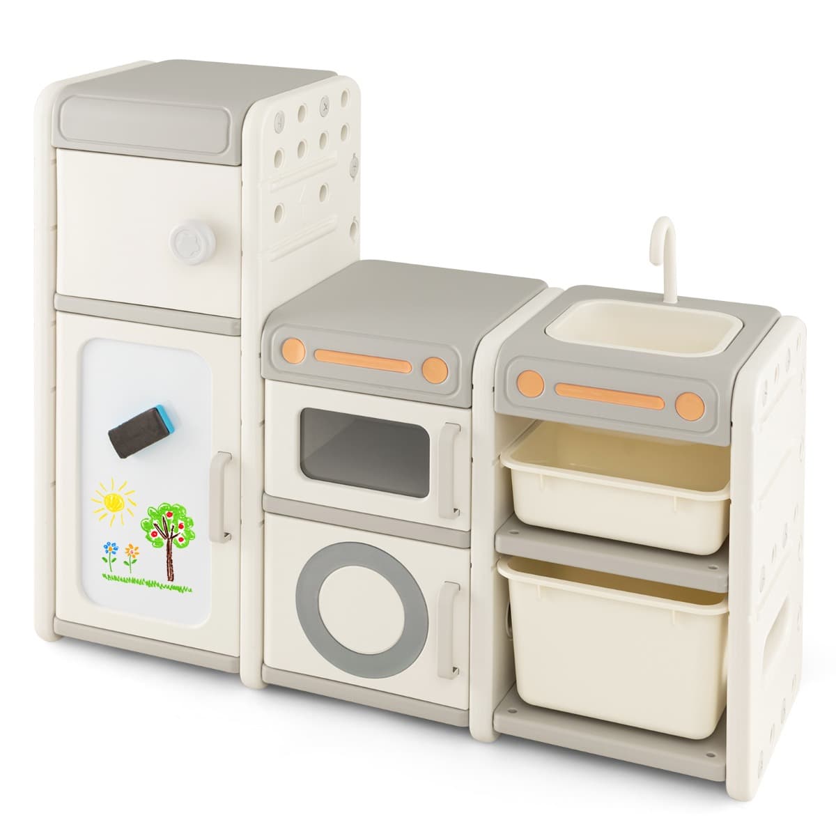 CostwayOrganisateur de Rangement de Jouets pour Enfants Cuisine de Jeu Tableau Blanc Magnétique Armoire et Bacs de Rangementpour Les 3 Ans et Plus